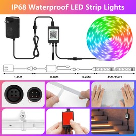 150Ft Outdoor RGB LED Strip Lights with IR Remote & APP, IP68 Waterproof