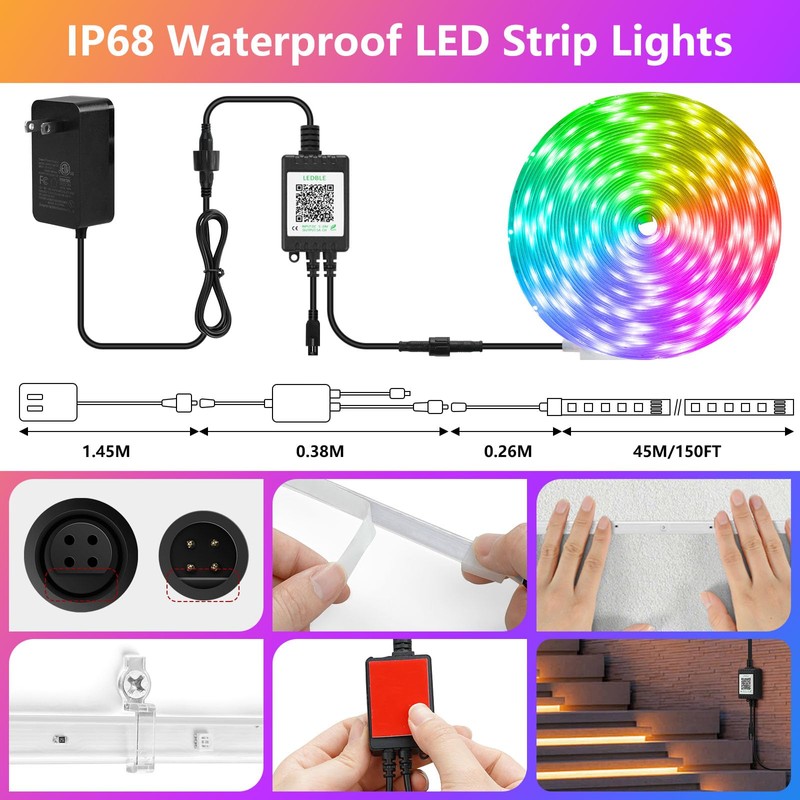 150Ft Outdoor RGB LED Strip Lights with IR Remote &