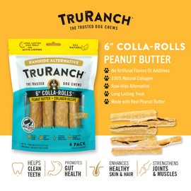 TRURANCH Collagen Rolls - 6" Collagen Rolls for Dogs - Long Lasting Healthy Joint Support Dog Treat - Rawhide Alternative - Skin & Coat Health - Made with Real Peanut Butter, 1 Bag, 4 Count