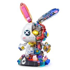 Glowing Eye Bunny Rabbit Building Blocks Set Robotics Collectible 1377 Pieces Machine-Semi Dissection Punk Neon Style Construction Toy Gift for Big Boys Girls Older Kids Teens Adults Age 8 12 14+