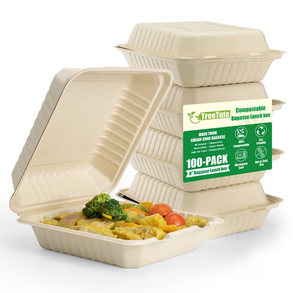 TreeTute [8”X8” 100-Pack Compostable Clamshell Take Out Food Containers with