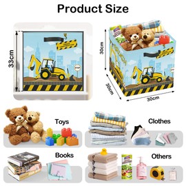 HUUMONSS 11.8" Excavator Dump Truck Storage Cube Organizer Crane Bulldozer Clothes Storage Basket Bin for Closet Shelf Construction Car Nursery Kid Room Book Toy Chest, 3Pcs