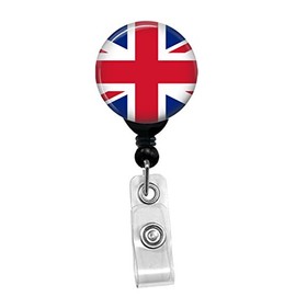 Britain British UK Union Jack Flag ID Card Name Tag Custom Badge Holder (Black Badge Reel with Spring Pinch Clip)