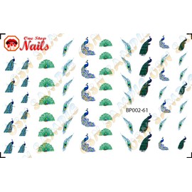 Peacock and peacock feathers clear waterslide nail art decals. Set of 61.