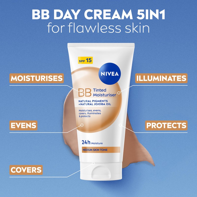 NIVEA BB Tinted Moisturiser SPF 15 Medium (50ml), 24 Hour