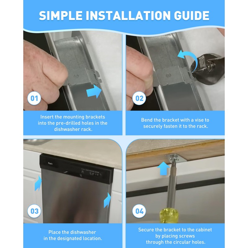 Undercounter Dishwasher Mounting Bracket Clips - Compatible with Whirlpool Kenmore