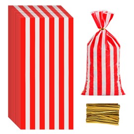 Lecferrarc 100 Pcs Carnival Treat Bags Circus Carnival Cellophane Candy Bags Red and White Stripe Circus Party Favors with Twist Ties for Birthday Party Supplies