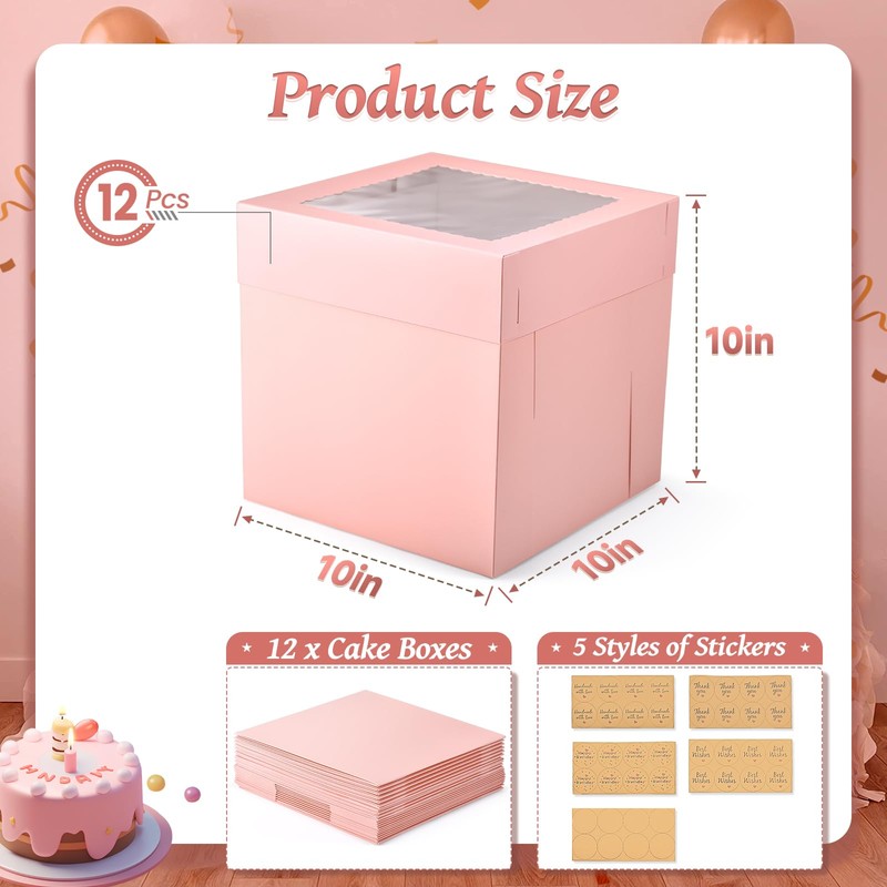 DOYIDE 12Pcs Cake Boxes, 10x10x10 Inches Tall Cake Boxes with
