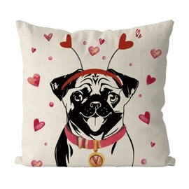 QIONG MENG Valentines Day Pillow Covers 18x18 Inch Pug Throw Pillowcase Valentines Dog Gift for Dog Lovers Decorative Cushion Case for Home Sofa Living Room Decor