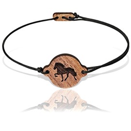 SKONIDA Adjustable Pony Bracelet – Horse Bracelet Made of Wood Brown with Icelandic Engraving – Horse Bracelet with Black Lead – Rider Gift in Elegant Box, Wood