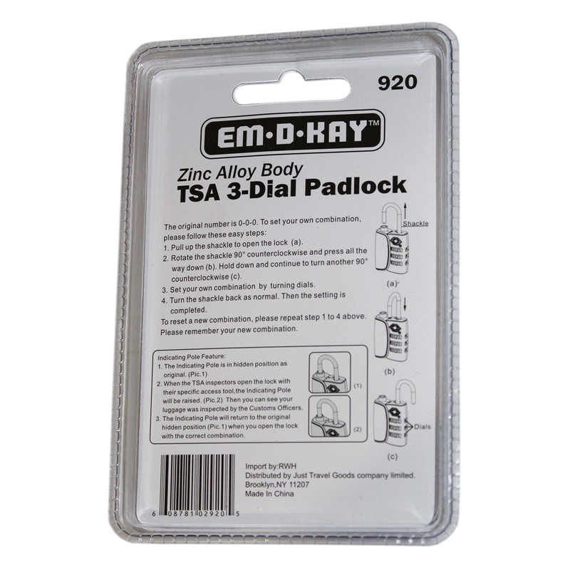 Em-D-Kay #920 TSA Accepted Padlock, 3-Dial Resettable Combination Luggage Lock