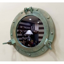 THOR INSTRUMENTS Nautical Porthole Wall Mounted Mirrors | Maritime Ship's Decor Window | Maritime Aluminum Vintage Decor (12 Inches, Rustic Grey) Rustic Vintage Home Decor Gifts