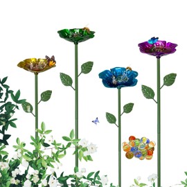 Bee Watering Station,4 Packs Bee Bath for Garden with 20 Marbles,Butterfly Watering Station,Rose-Shaped Bee Cups for Outdoor decor,Decorative Water Feeder to Attract Pollinators(Red,Green,Blue,Yellow)