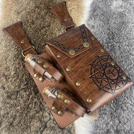 EpicCos 3 Pieces Medieval Alchemy Belt Waist Pack Combo with Multiple Potion Bottles, Viking Rivet Belt Side Pocket for Cosplay (Brown D)