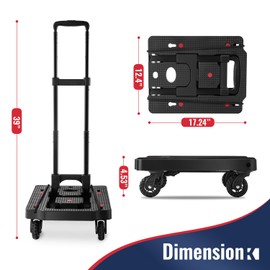 Lightweight Folding Hand Truck - 150lb Dolly Cart with Aluminum Adjustable Handle of 3 Levels, Portable Luggage Cart with 2 Elastic Straps for Traveling, Offices, Moving (15.8" x 12.6")