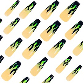 24 Pcs Press on Nails Long Square Nail Tips WLGDLH Fall Fake Nails Press ons Coffin Acrylic Nail Kit Full Cover Reusable False Nails Black flames Glue on Nails Green Ombre Nail Art for Ma'am