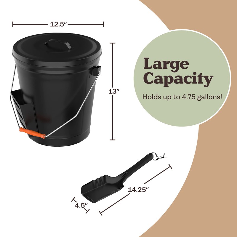Ash Bucket - 4.75-Gallon Metal Bucket with Lid and Shovel