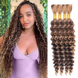 GCTGCT 200g Human Braiding Hair Deep Wave 24 Inch Ombre Braiding Hair 4 Bundles/Pack Curly Bulk Human Hair for Braiding Wet and Wavy No Weft P4/27 Highlight Brown Human Braiding Hair for Micro Braids