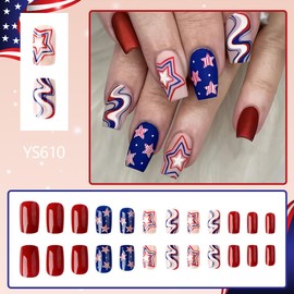 4th of July Square Short Press on Nails Blue White Red Press on Finger Nail Designs Independence Day False Nails Star Stripes Patriotic Acrylic Glue on Nails for Women and Girls Decoration 24Pcs