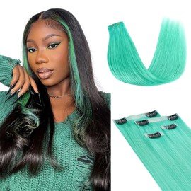 Lashey Clip-In Real Hair Extensions, Highlights, Green, 50 g, 4 Pieces, Seamless Clip-In Hair Extensions, 55 cm (22 inches), Straight Remy Human Hair with PU Wefts (Green)