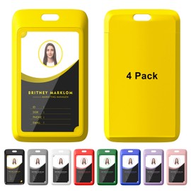 4 Pack Sliding ID Badge Holder, Heavy Duty Plastic ID Badge with Clear Window, Vertical Key Card Holder Protector Pouch for Office School ID Cards Proximity Key Cards Drivers (Yellow)