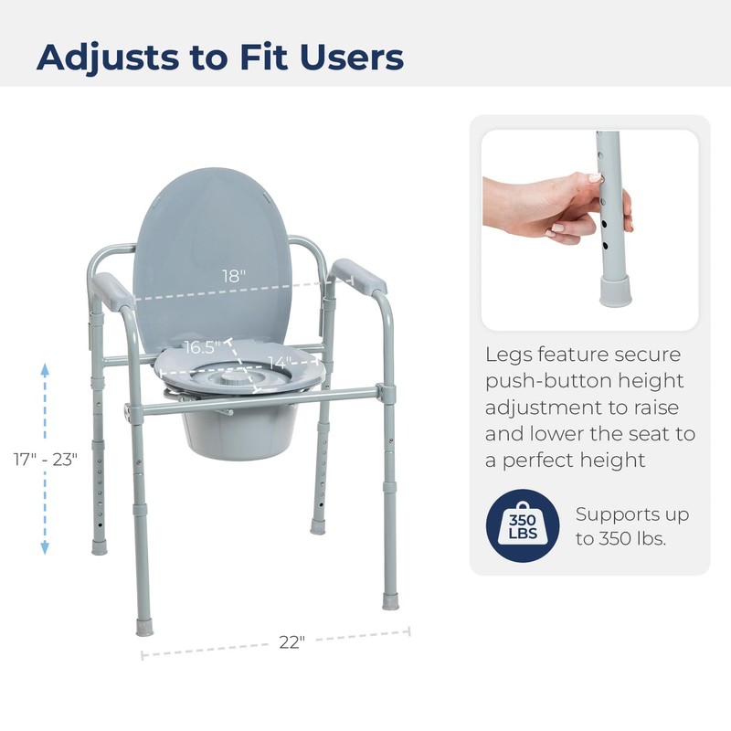 Drive Medical RTL11158KDR Folding Steel Bedside Commode Chair, Portable Toilet,