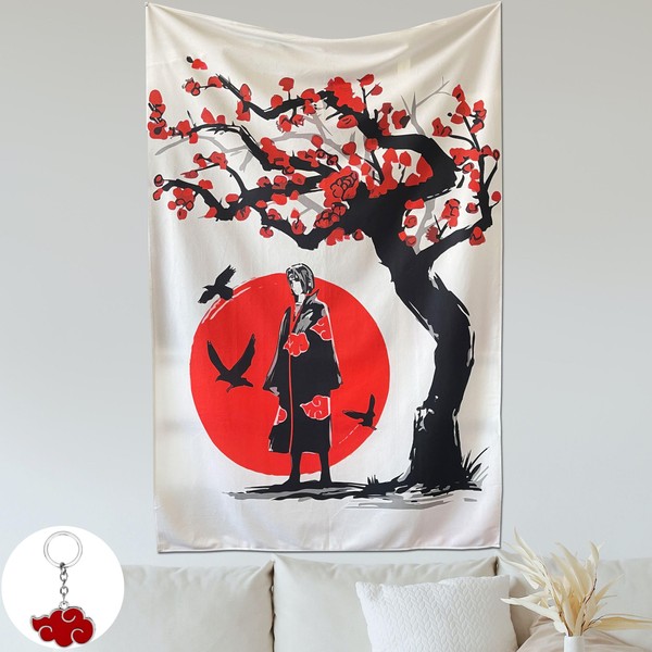 Anime Manga Tapestry Cherry Blossom Shinobi Crows Japanese Anime Tapestry Design Hanging Wall Canvas Decoration Art for Bedroom, Living Room, 152 cm x 101 cm – plus FREE Cloud Keychain