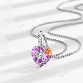 EUDORA Heart Urn Necklace for Ashes S925 Sterling Silver with Purple Cubic Zirconia for Women, Hummingbird Ashes Keepsake Cremation Memorial Jewelry for Ashes of Loved One Human Cat Dog, 18"+20"