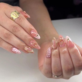 Medium Short Press on Nails Almond Fake Nails with French Designs 3D Flowers Acrylic Nails Pink Full Cover Nail Press ons Gold Lines & Rhinestones Artificial Glossy Nail for Women Girl 24 Pcs