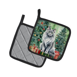 Nebelung Cat By the Christmas Tree Pair of Pot Holders