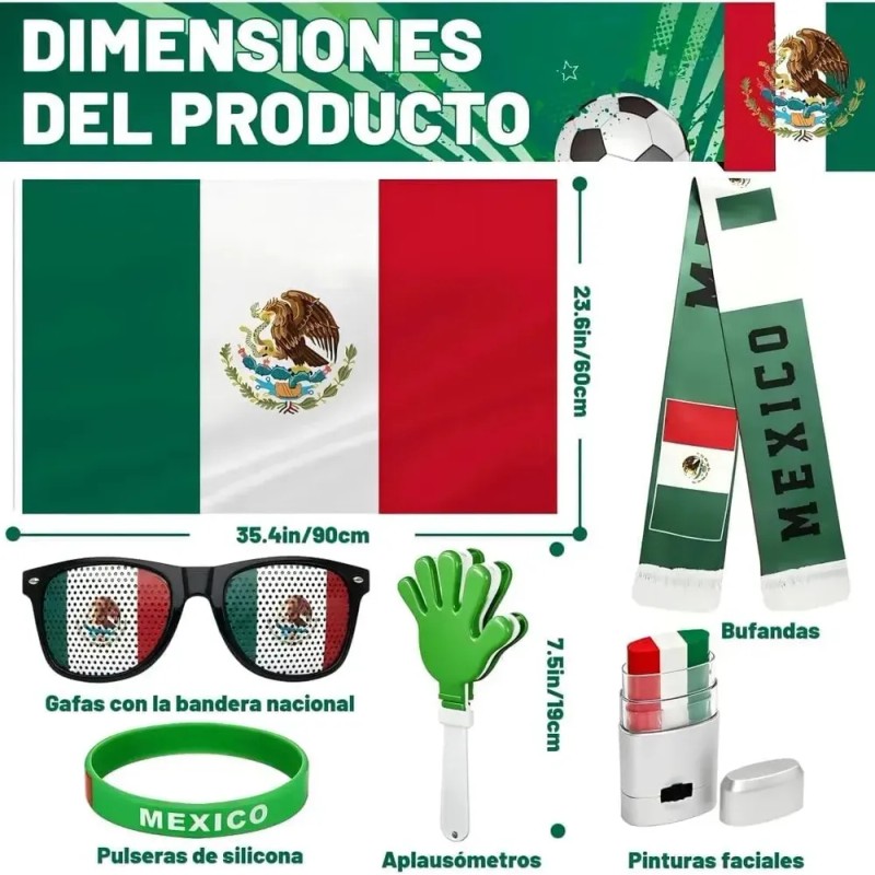 Kit Fiesta Mundial México 2026: Bandera, Bufanda, Gafas, Pintura y