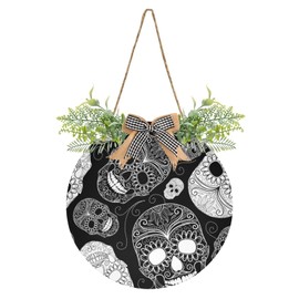 Floral Sugar Skull Day of The Dead Seamless Black White Door Hanging Sign, 12" Merry Christmas Front Plaque Board Round Wreath for Daily Holiday Welcome Home Garden Yard Wall Pediments
