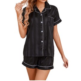 Brezzistaxs Silk Satin Pajamas for Women Button-Up Silk PJ Set Notch Collar Satin Pajama set - 2 Piece Satin Pjs (US, Alpha, X-Large, Regular, Regular, Black)