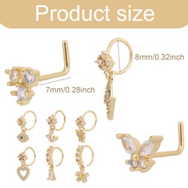 20 St Baumelnde Nasenringe für Frauen, 2 Arten Nasenring-Anhänger Glänzender Zirkon Modischer Piercingschmuck Personalisierter Nasenstecker in L-Form für Frauen Geburtstags Abschlussball Party