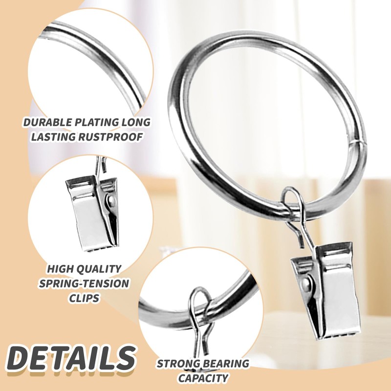 30PCS Curtain Rod Ring Clips, Curtain Rings With Clips, Rustproof