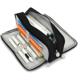 Vocuer Large Capacity Special Aesthetic Pencil Case Organizer with 3 Compartments, Big Preppy School Pencil Pouch Bag for Girls Women Adults, Pencil Holder Pen Pouch Cases (Black)