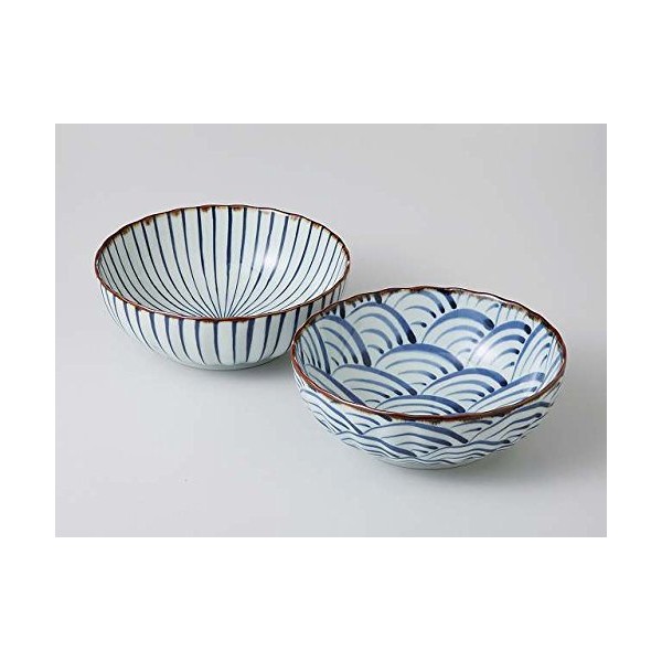 Japanese 7.25"diam Bowls, Blue Ocean Wave, Tokusa Blue Lines Bowls (set of 2)