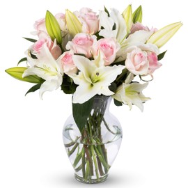 Benchmark Bouquets - Oriental Lilies & Pink Roses (Glass Vase Included) - Fresh Flowers for Delivery - Gift for Graduation, Birthday, Anniversary, Sympathy, Get Well, Congratulations