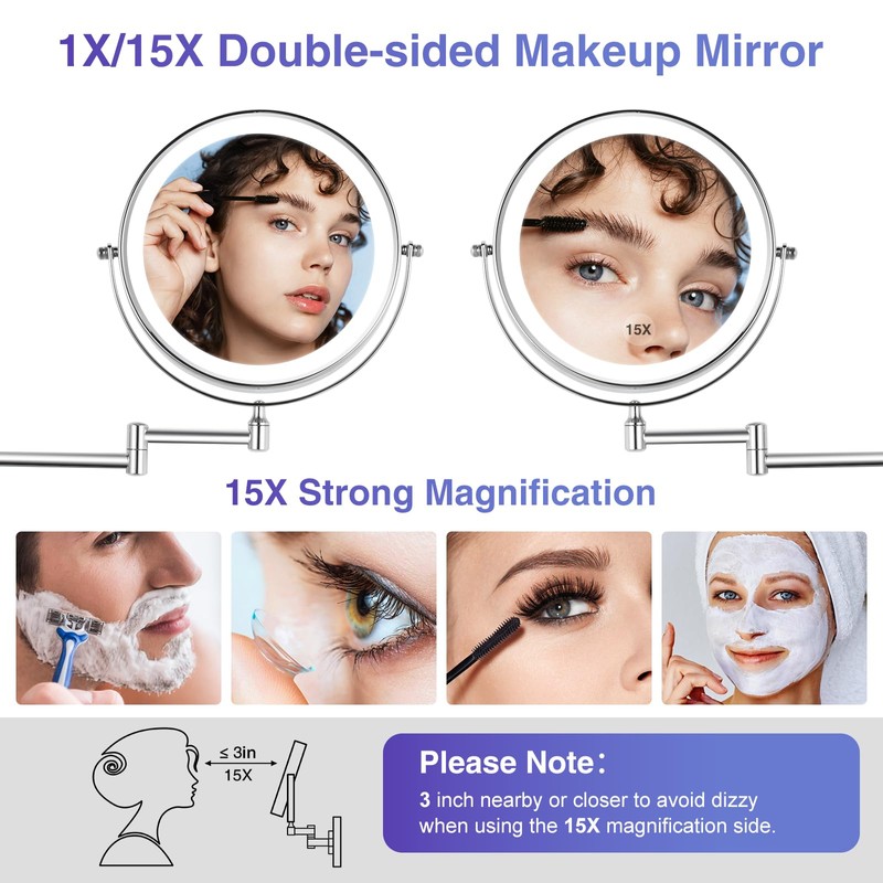 GREENFROM Wall Mounted Lighted Makeup Mirror: 8.5 Inch Double Sided