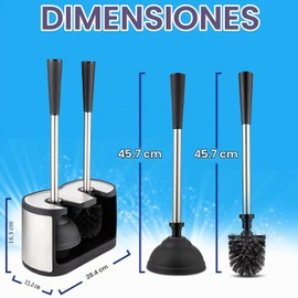 UMIEN - Juego de escobillas de inodoro y émbolo de 45,7 cm, actualizado 2025, no se oxida, diseño de acero inoxidable, asas largas, con recipiente no empotrado