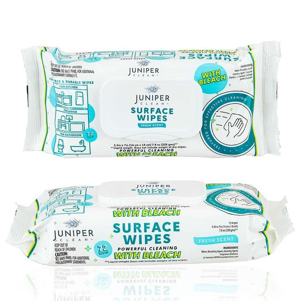 Juniper CLEAN 1 Pack Surface Wipes with Bleach, All-Purpose Cleaner for Bathroom, Kitchen, Office, 72 Count Soft Flow, Fresh Scent, Lint Free & Durable