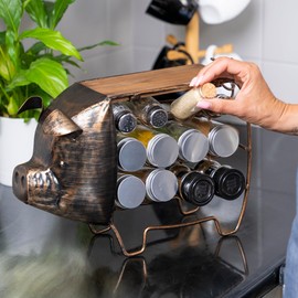 Made Easy Kit Seasoning and Spice Jar Rack Organizer - Metal and Wood Functional Art Decor Sculpture - Kitchen Countertop (Pig)