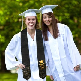 GraduatePro Class of 2025 Graduation Stole, Black Stole with Shiny Dots and Cap Pattern, 72 inches Long