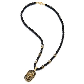 COOLSTEELANDBEYOND Gothic Style Mens Black Onyx Beads Necklace with Gold Black Stainless Steel Lion Head Shield Pendant(CA)