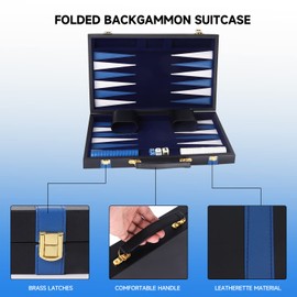 GSE Games & Sports Expert Premium Leather Backgammon Board Game Set, Classic Backgammon Game Set with Leather Case, Travel Folding Board Game (Black&Blue, Large)