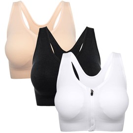 Womens Zip Front Sports Bra Wireless Post-Surgery Bra Racerback Yoga Sports Bras