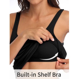 V FOR CITY Black Tank Top for Women with Shelf Bra Adjustable Wide Strap Camis Cotton Undershirt