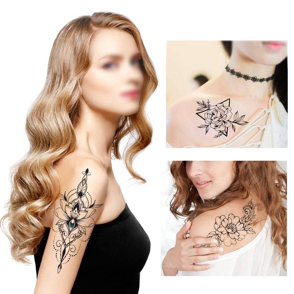 Konsait 14 Sheets Large Sexy Realistic Flower Temporary Tattoos for Adults Women Girls Black Body Art Rose Flower Waterproof Big Arm Fake Tattoo Stickers-Individual Styles