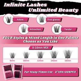 DIY Lash Extension Kit Cluster Lashes Kit with 208 Pcs Lash Clusters Lash Bond Remover Eyelash Applicator Beginner DIY Lashes Kit Easy to Use(DIY Lash Kit,4 Styles Mix-B)
