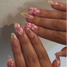 3D Flower Press on Nails Medium Almond OFDNE Pink Flower Fake Nails False Nails with Floral Rhinestones Designs Glossy Glue on Nails Stick on Nails for Women Girls 24Pcs